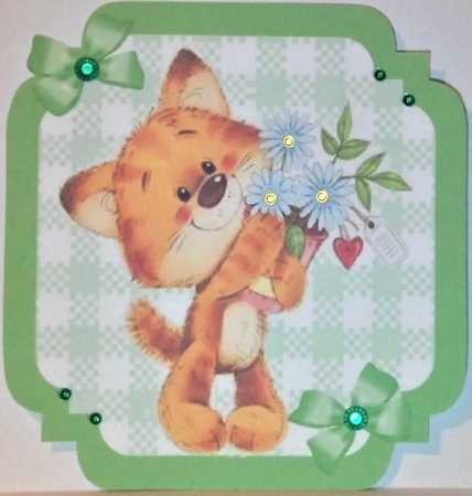 Green Check with border  8x8 card front with cute kitty by Hazel Underwood