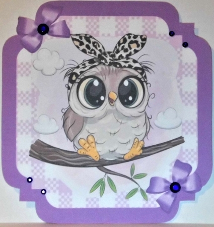 Lilac Check with border  8x8 card front with owl by Hazel Underwood