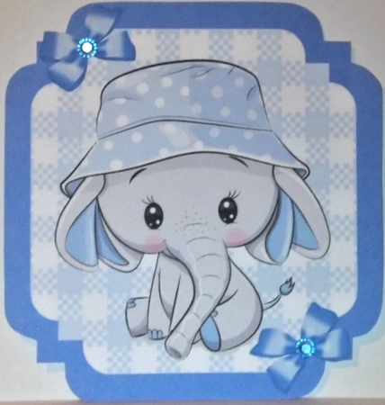 Blue Check with border  8x8 card front with cute ele by Hazel Underwood