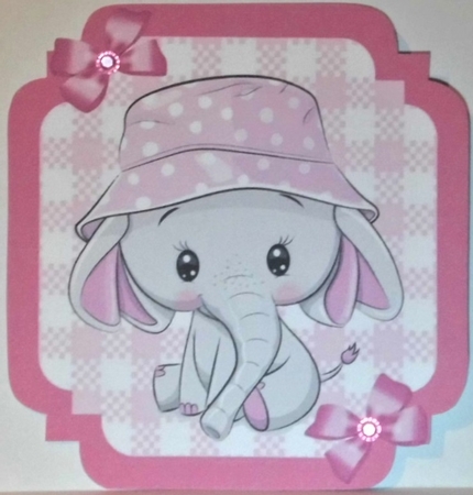Pink Check with border  8x8 card front with cute ele by Hazel Underwood