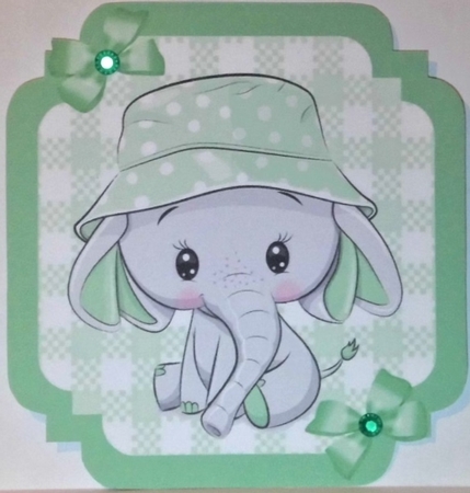 Green Check with border  8x8 card front with cute ele by Hazel Underwood