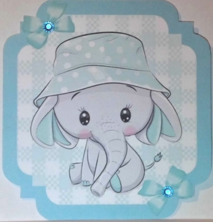 Turq Check with border  8x8 card front with cute ele by Hazel Underwood