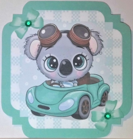 Turq Check with border  8x8 card front with cute Koala in car by Hazel Underwood