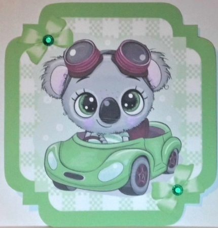 Green Check with border  8x8 card front with cute Koala in car by Hazel Underwood