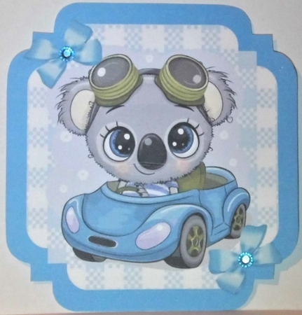 Blue Check with border  8x8 card front with cute Koala in car by Hazel Underwood