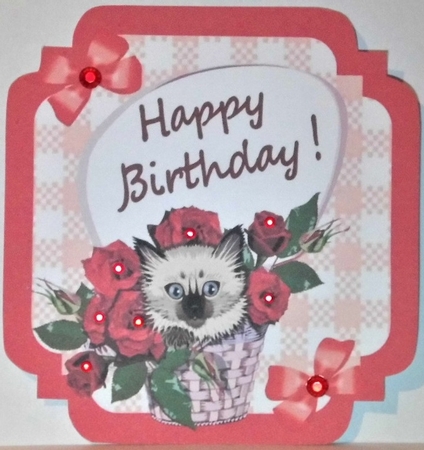 Red Check with border  8x8 card front with kitten in basket with roses by Hazel Underwood