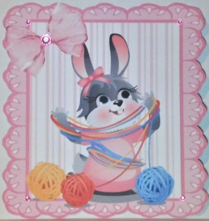 pink stripe eyelet frame 8x8 with bunny playing with wool by Hazel Underwood