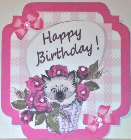 Pink Check with border  8x8 card front with kitten in basket with roses by Hazel Underwood