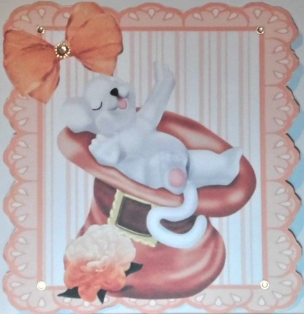 Peach stripe eyelet frame 8x8 with  cute mouse sleeping in hat by Hazel Underwood