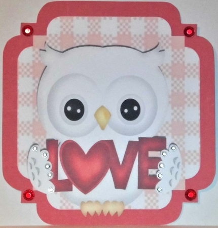 Red Check with border  8x8 card front with love white owl by Hazel Underwood