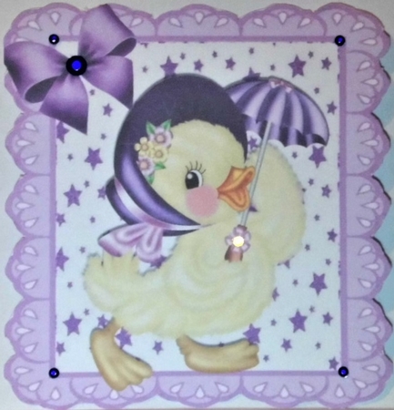 Lilac star and eyelet frame 8x8, with yellow chick in bonnet by Hazel Underwood