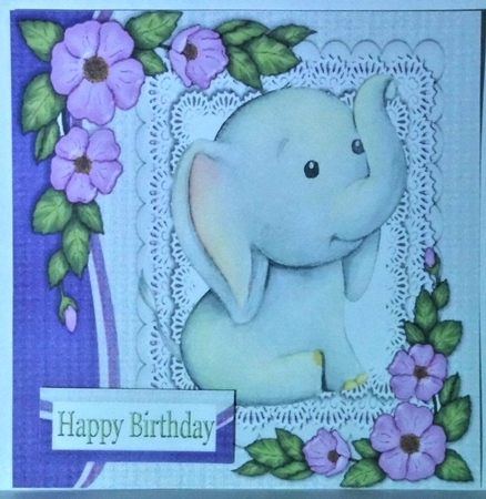 Cute water colour Ele with lace and purple flowers 8x8 by Hazel Underwood