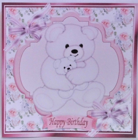 Cute pink teddy having cuddles with bows 8x8 by Hazel Underwood