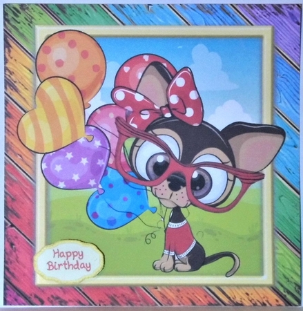 Cute Chihuhua With Multicoloured Balloons 8x8 by Hazel Underwood