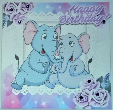 Cute pair of elephants cuddling with lilac roses 7x7 by Hazel Underwood