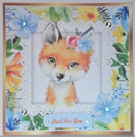 Pretty water colour fox with tropical flowers 8x8 by Hazel Underwood