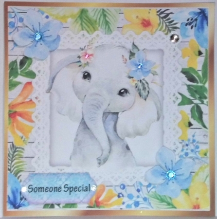Pretty water colour ele with tropical flowers 8x8 by Hazel Underwood