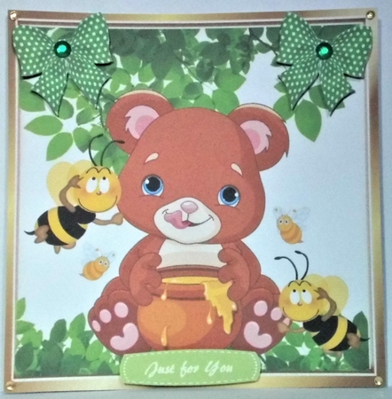Brown Bear with honey and bees 8x8 by Hazel Underwood