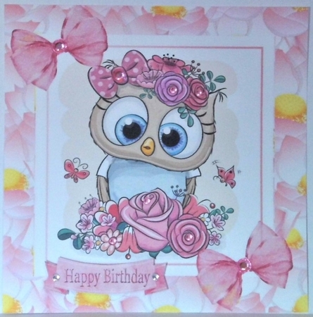 Cute owl with pink roses in flower frame 8x8 mini kit by Hazel Underwood