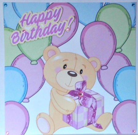 Cute little teddy with pink present and balloons 8x8  by Hazel Underwood