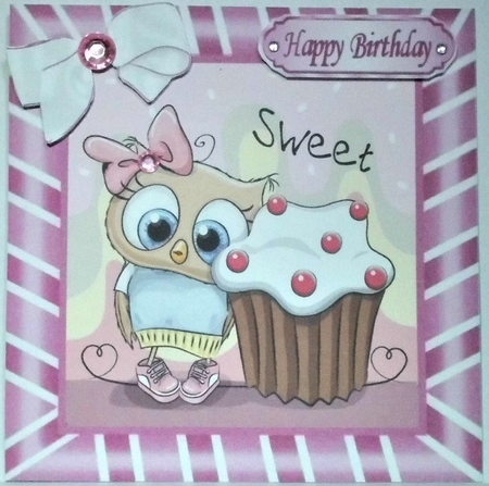 Cute owl with Cupcake with bow in pink stripe 8x8 frame by Hazel Underwood