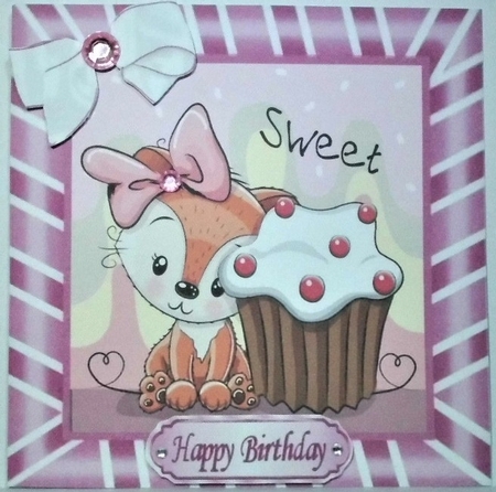 Cute fox with Cupcake with bow in pink stripe 8x8 frame by Hazel Underwood