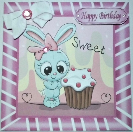 Cute bunny with Cupcake with bow in pink stripe 8x8 frame by Hazel Underwood