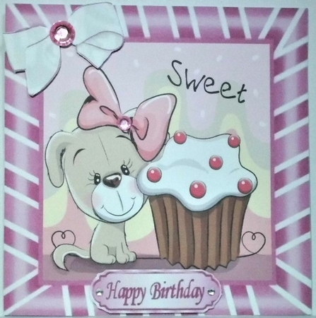 Cute puppy with Cupcake with bow in pink stripe 8x8 frame by Hazel Underwood