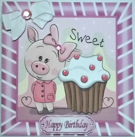 Cute pig with Cupcake with bow in pink stipe 8x8 frame by Hazel Underwood