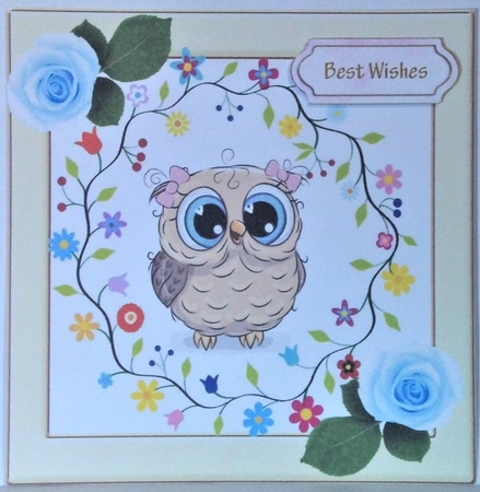 Cute owl with flowers in cream frame with blue roses 8x8 by Hazel Underwood