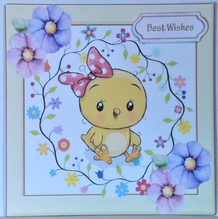 Cute chick with flowers in cream frame with flowers 8x8 by Hazel Underwood