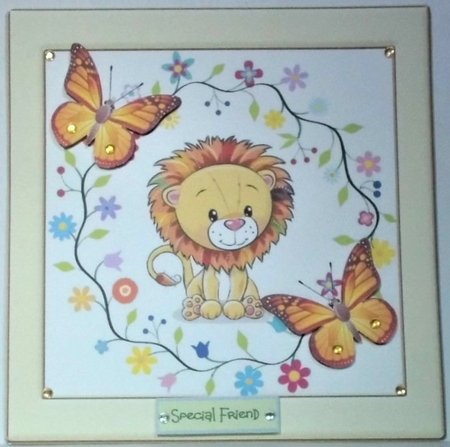 Cute lion with flowers in cream frame with butterflies 8x8 by Hazel Underwood