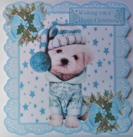 Cute puppy in winter hat with stars turq bows with holly 7x7 by Hazel Underwood