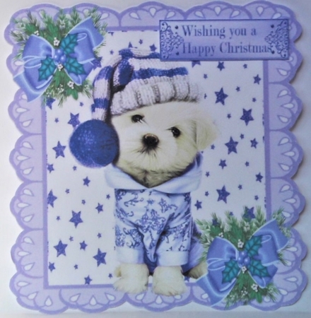 Cute puppy in winter hat with stars purple bows with holly 7x7 by Hazel Underwood