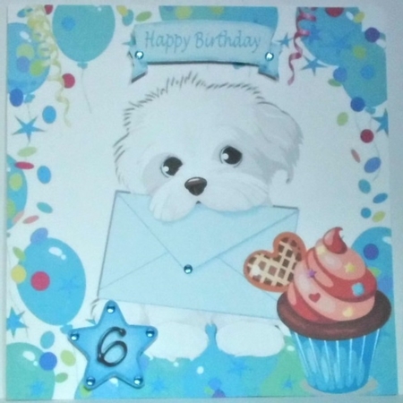 Cute white puppy carrying a card in balloon frame 8x8 by Hazel Underwood