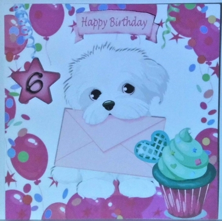 Cute white puppy carrying a card in balloon frame 8x8 (pink) by Hazel Underwood