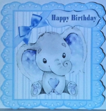 Cute watercolour Elephant with blue corner bow 7x7 by Hazel Underwood