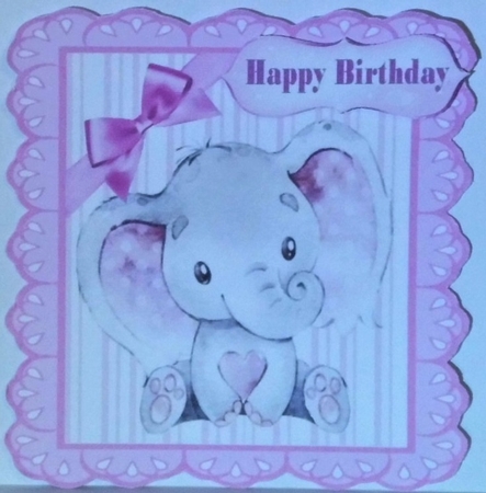 Cute watercolour Elephant pink corner bow 7x7 by Hazel Underwood