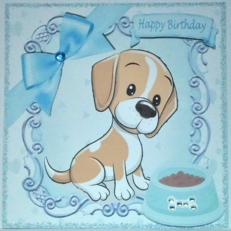  4 cute puppies with bowls of food  card fronts 8x8 mini kit  by Hazel Underwood