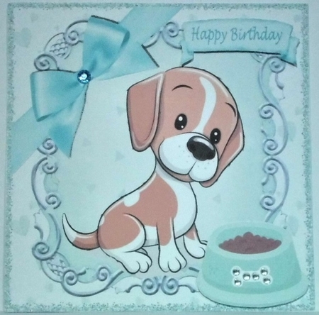  4 cute puppies with bowls of food  card fronts 8x8 mini kit  by Hazel Underwood