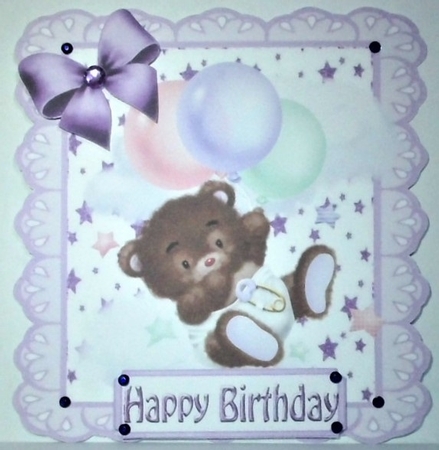 Cute teddy with balloon in purple star 7x7 frame by Hazel Underwood