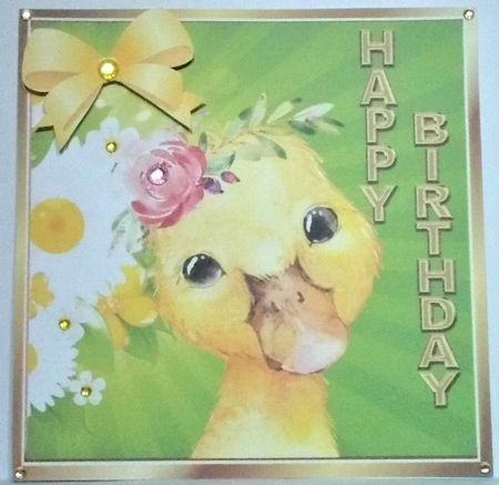 Cute yellow chick  with sunflowers and  yellow bow 8x8 by Hazel Underwood