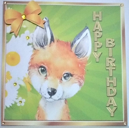 Cute red fox  with sunflowers and gold bow 8x8 by Hazel Underwood