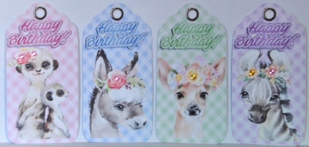 4 Lovely Gingham Tags with cute water colour animals (two) by Hazel Underwood