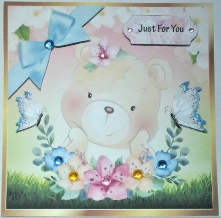 Pretty watercolour  teddy bear with butterflies in floral frame 8x8 by Hazel Underwood