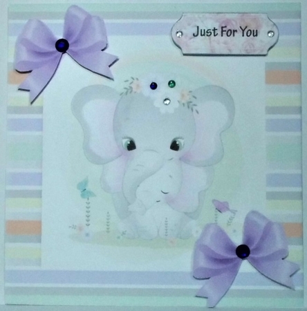 Cute mum ele with baby in candy stripe 8x8 frame with purple bows by Hazel Underwood