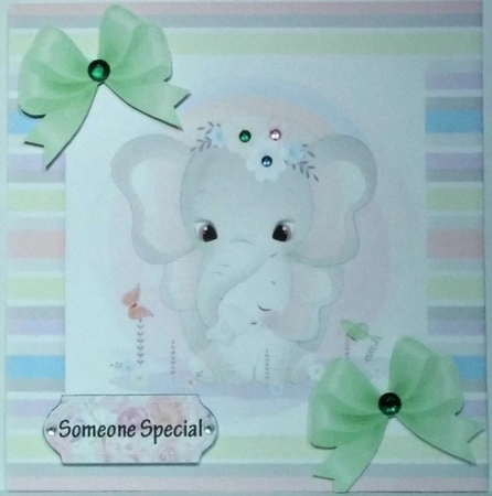 Cute mum ele with baby in candy stripe 8x8 frame with green bows by Hazel Underwood