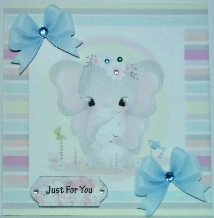 Cute mum ele with baby in candy stripe 8x8 frame with blue bows by Hazel Underwood