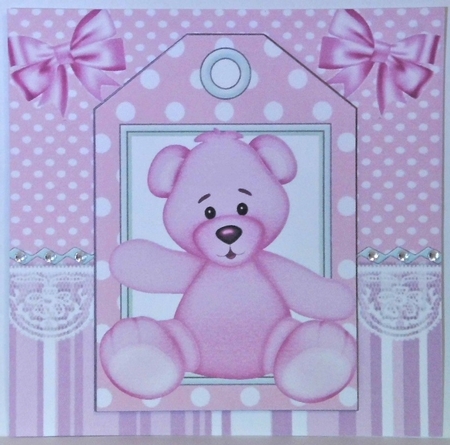 Cute pink teddy 7x7 with tag topper with bows by Hazel Underwood