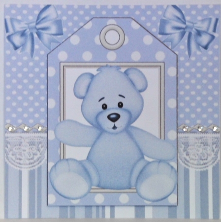 Cute blue teddy 7x7 with tag topper with bows by Hazel Underwood